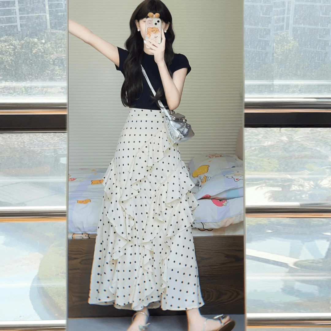 夏季新款法式波点显瘦气质裙子两件套女士洋气高腰小香风时尚套装