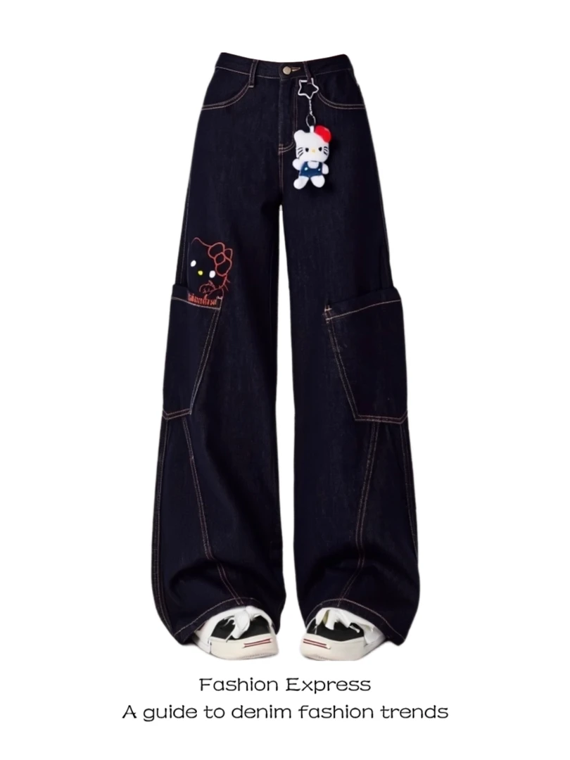 巨好看的牛仔裤女春秋季hellokitty弯刀工装垂感宽松休闲阔腿裤子