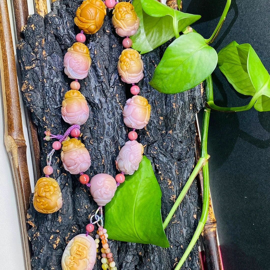 天然老矿七彩盐源玛瑙手工精雕俏色财神爷流苏手持