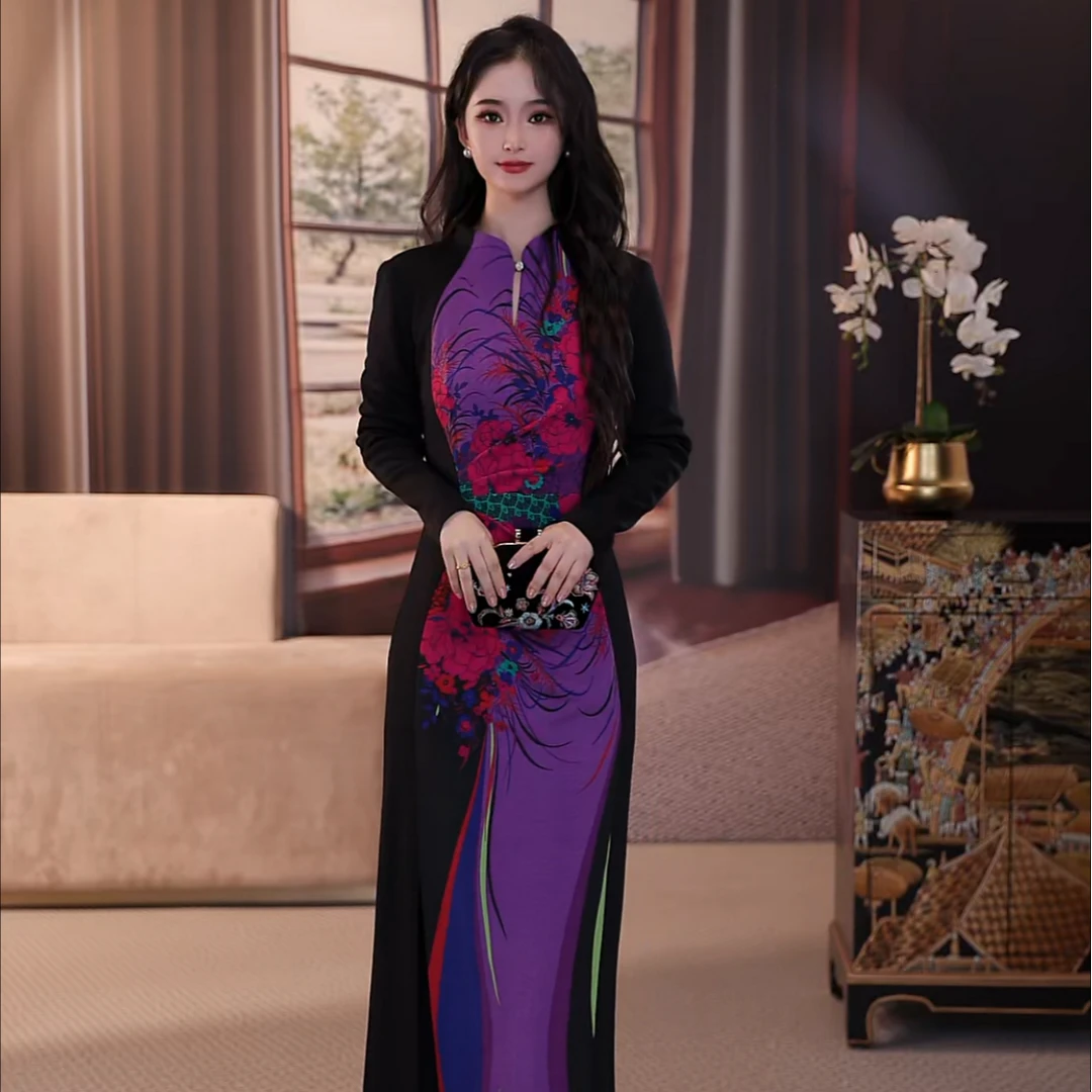 【古色.敦煌】SUSSI/古色秋季新品混色旗袍式印花连衣裙
