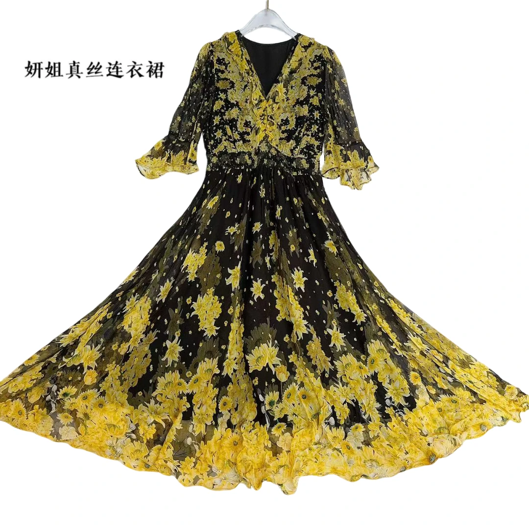 桑蚕丝春夏新品气场全开v领收腰大摆时尚女装黑黄花色 24S-1043