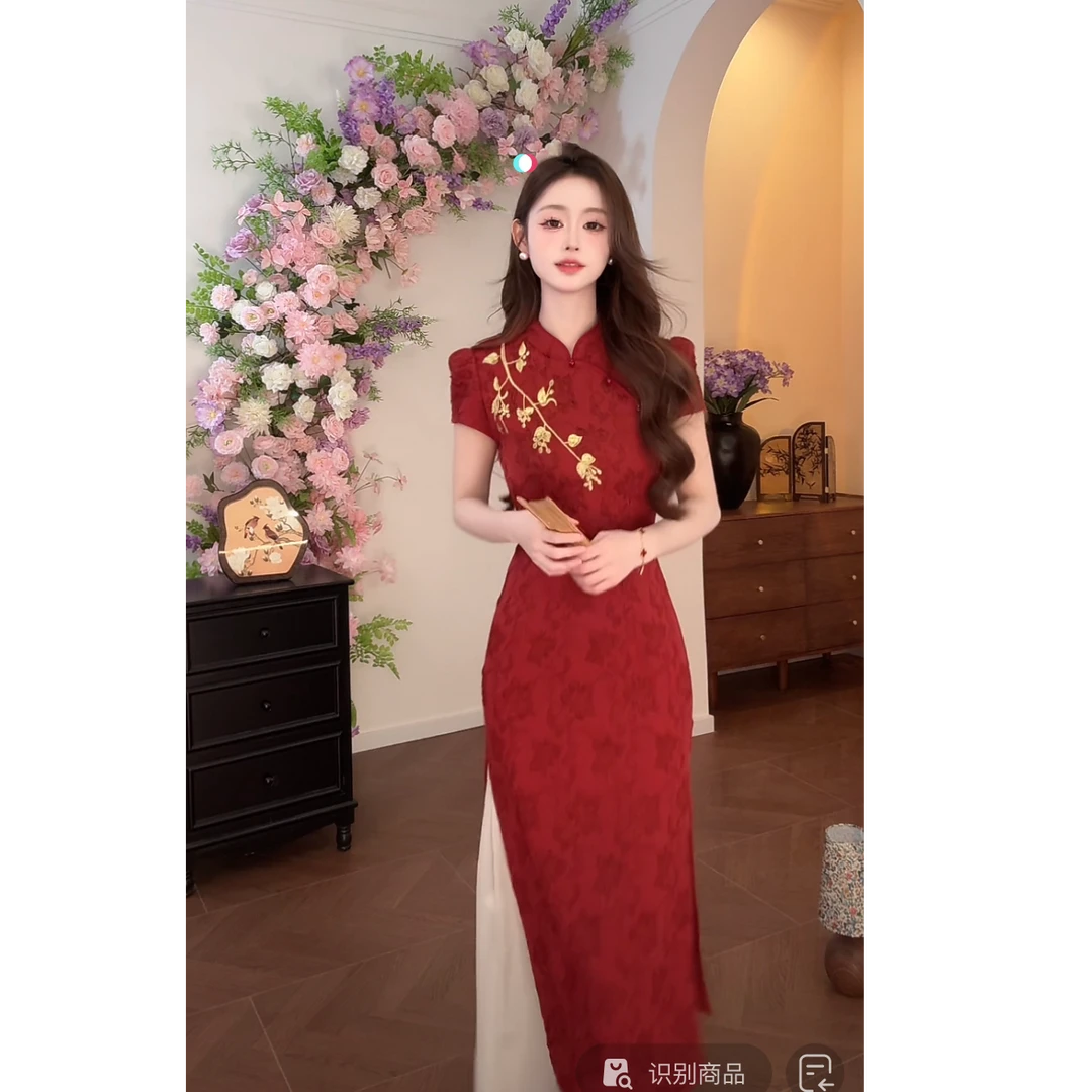 【bing】新中式撞色刺绣假两件旗袍连衣裙子女装新款收腰显瘦国风裙