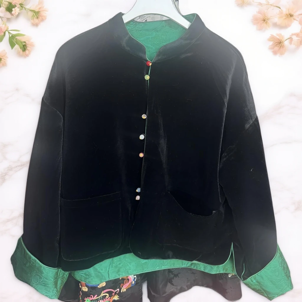 冬季新中式双面穿丝缎丝绒外套女国风复古保暖显瘦百搭上衣