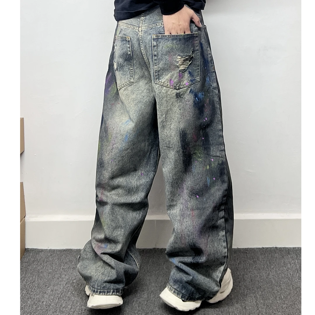 美式休闲复古长裤子男水洗做旧废土风设计感泼墨涂鸦阔腿牛仔裤男