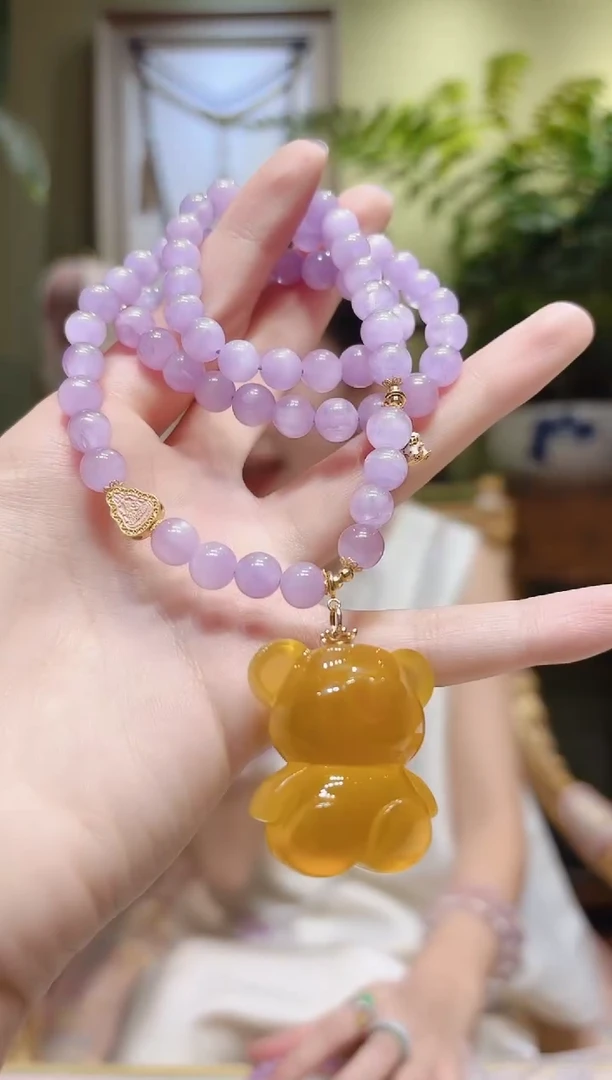 【闪购商品】锂辉石项链18K金镶嵌蜜蜡熊木马紫锂辉项链