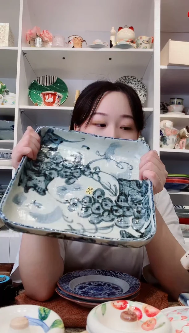 陶瓷【新品】古染葡萄四脚大方钵23cm