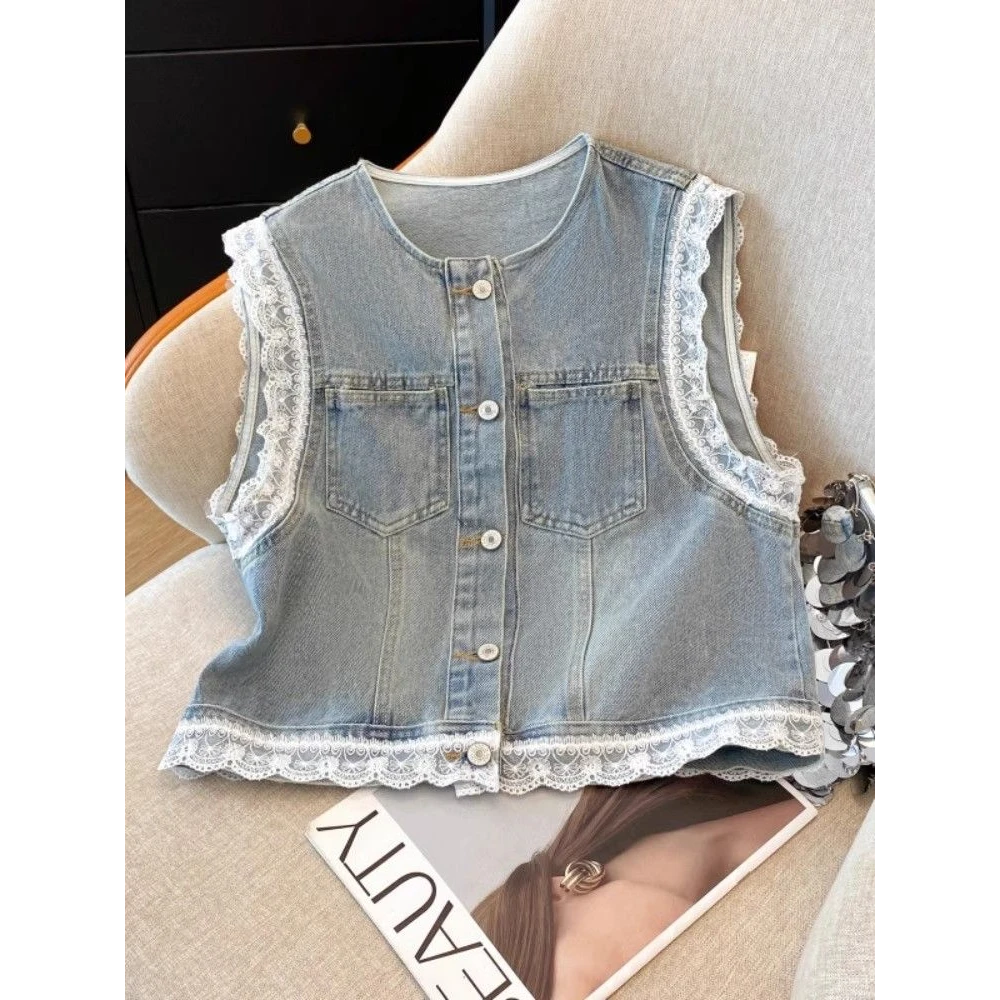 水洗浅蓝色牛仔马甲背心女2025夏款蕾丝小飞袖开衫高级感坎肩上衣