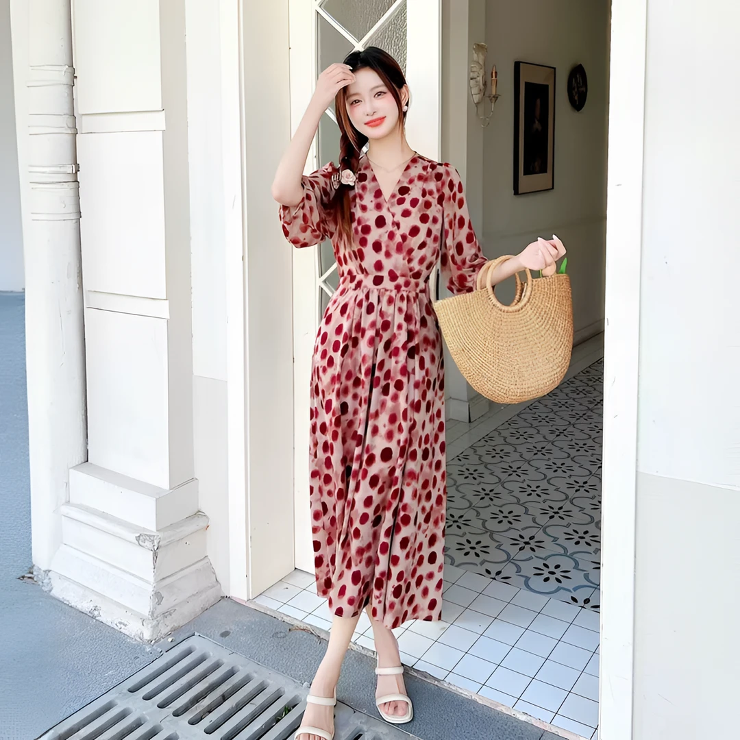 MC.2512碎花连衣裙显瘦气质夏季时尚法式小方领长款收腰泡泡袖