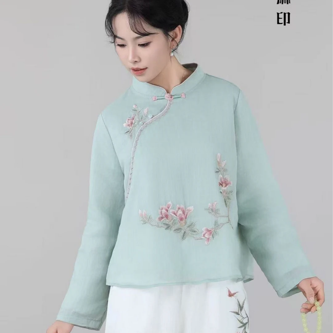 2025年新春款中式国风立领斜襟合欢花刺绣双层苎麻小衫
