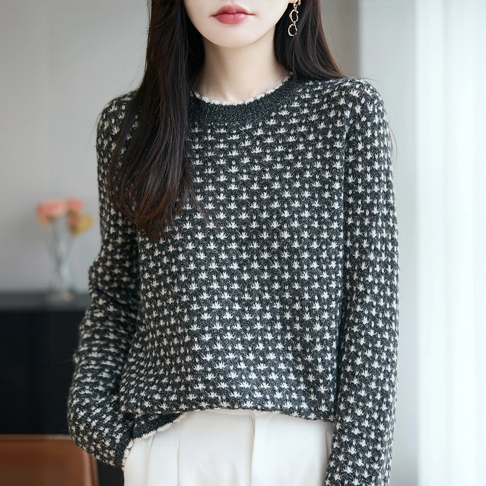 品牌女装正品秋冬新款时尚圆领复古提花针织衫气质洋气百搭上衣