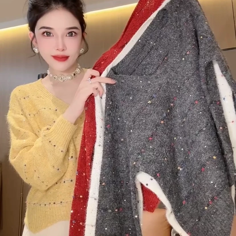欧洲站秋冬新款韩版时尚洋气百搭显瘦长袖圆领不规则边毛针织衫