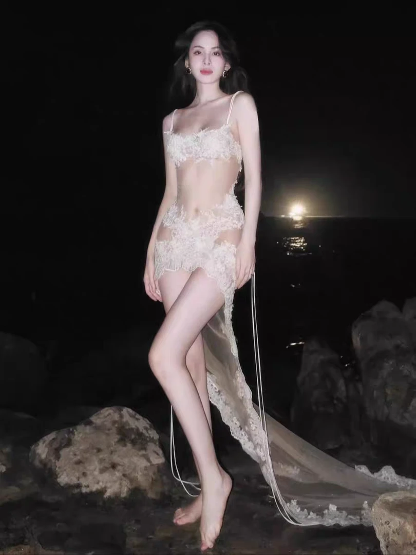 summer rose纯欲蕾丝吊带连衣裙性感透视网纱拖尾长裙女度假海边