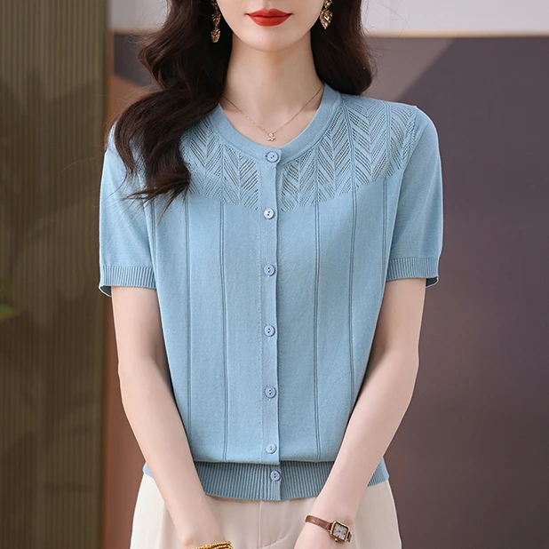 女短袖针织衫夏季清爽透气显瘦百搭纯色气质遮肉透气薄款短袖T恤