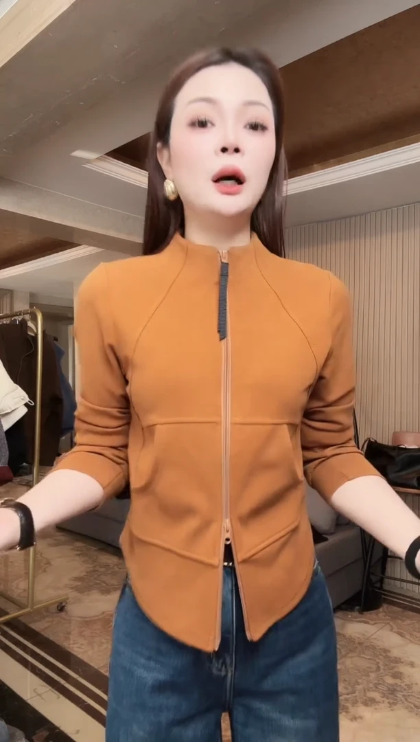 橘色拉链上衣开衫