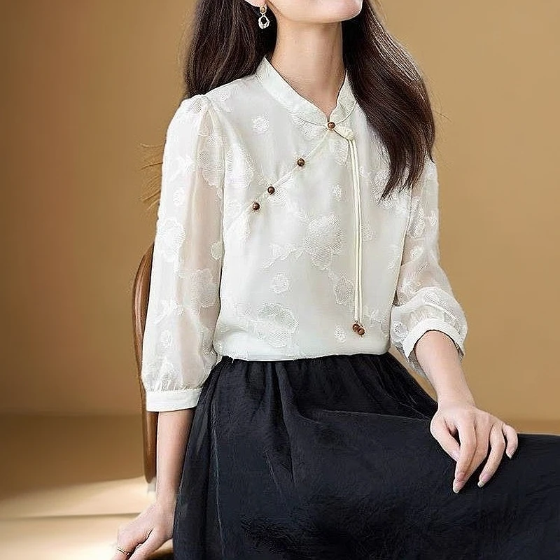 新中式重工提花蕾丝气质长袖显瘦设计感小衫上衣2025款原版正品