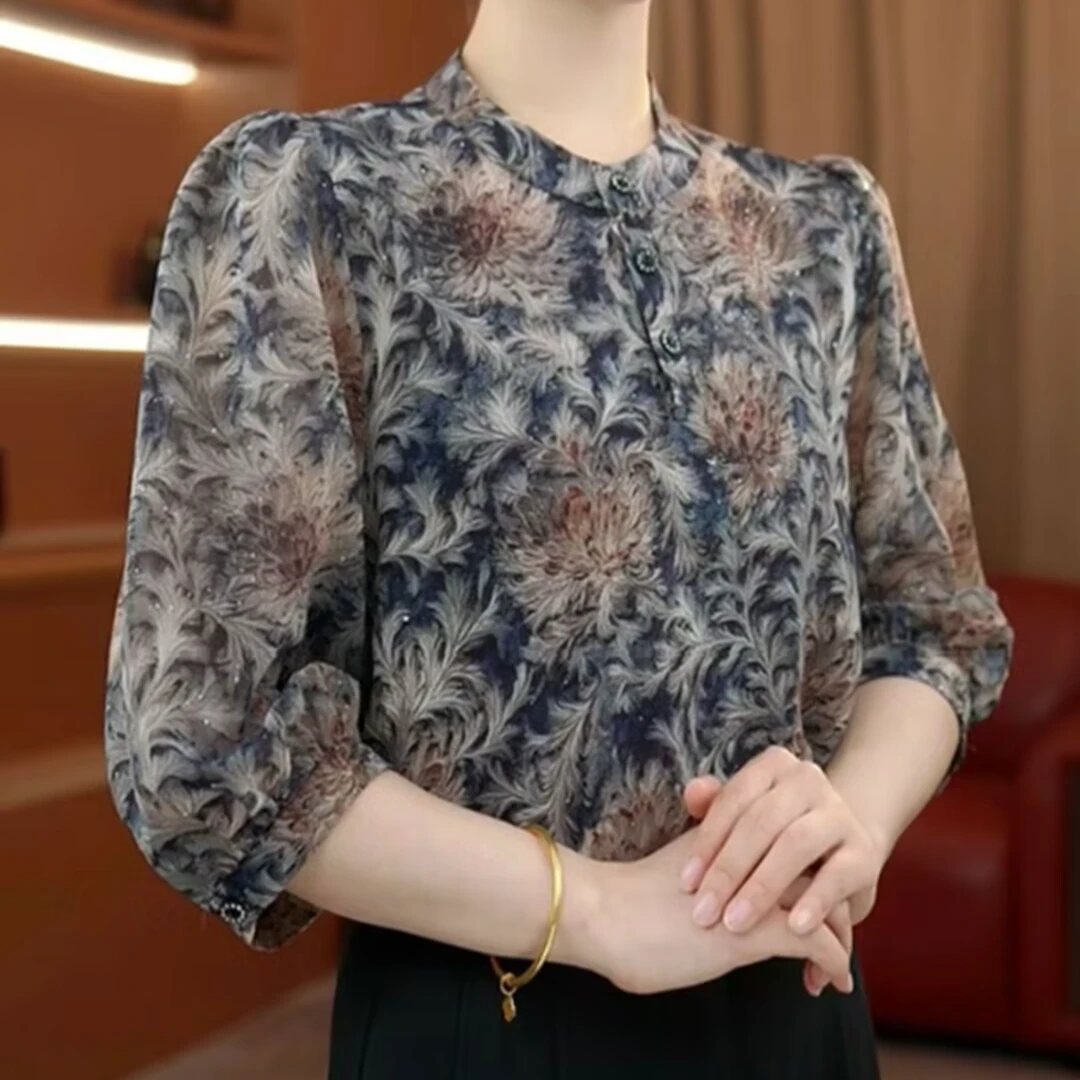 【洒银】早秋薄款七分袖复古衬衫大码胖mm遮肚宽松显瘦洋气衬衣小衫