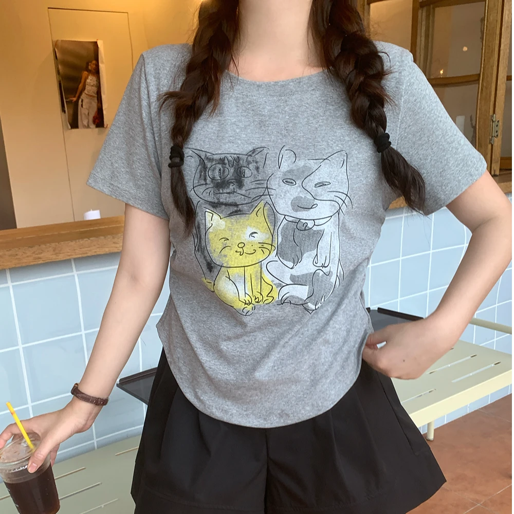 大码女装夏季新款猫咪卡通印花短袖T恤胖MM显瘦百搭上衣