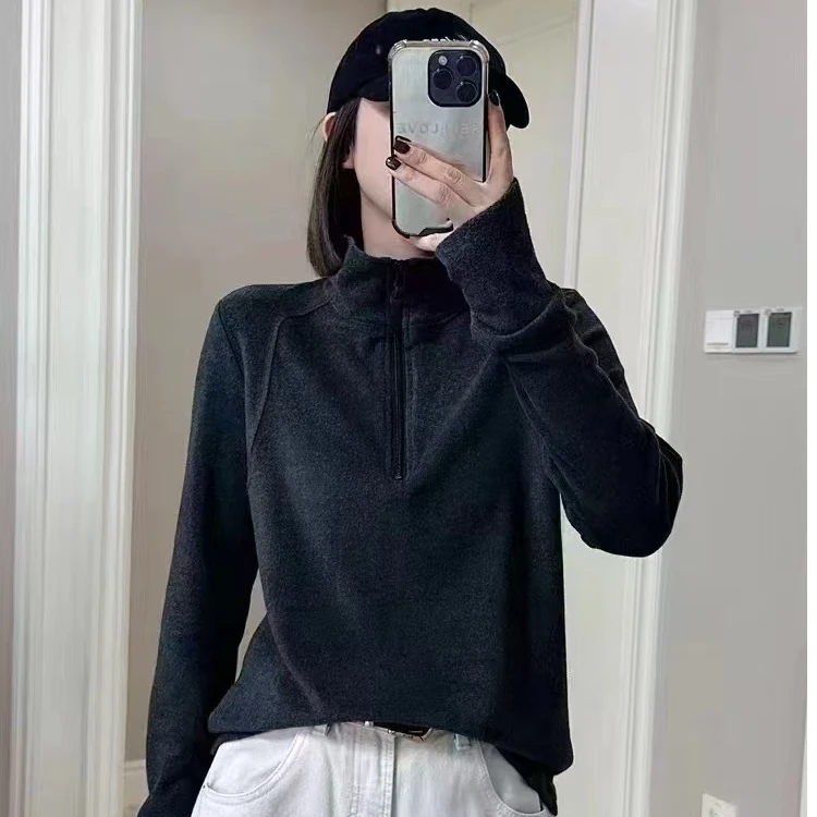 蝴蝶家冬季双面德绒针织衫长袖半高领拉链上衣女宽松百搭79633