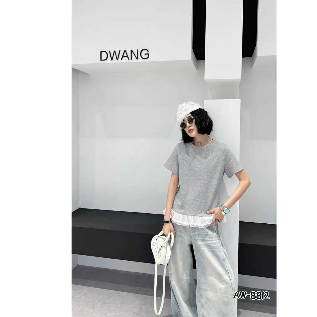8812春夏款蕾丝边短袖百搭T恤简约休闲