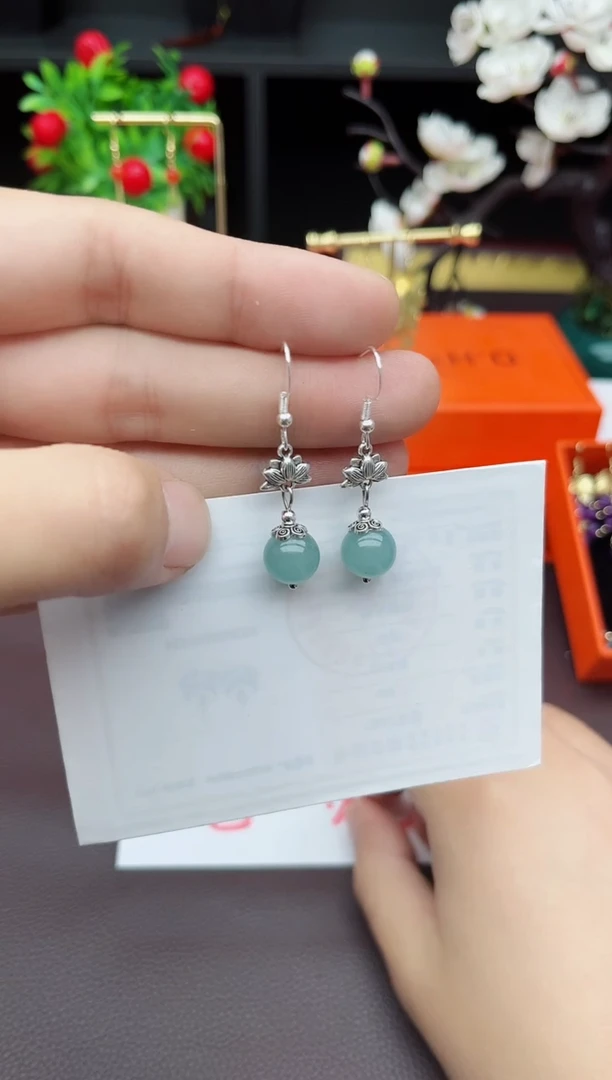 石英质玉（天山翠）银S925镶嵌耳饰237000