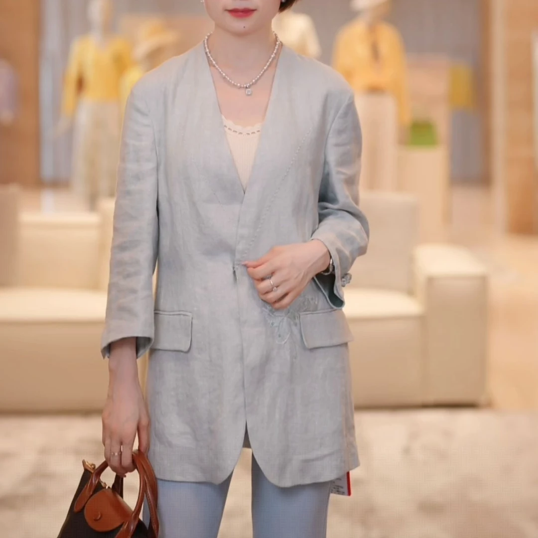 【银丝亚麻西装】2025新款女士轻奢中长款西装外套FH5102S