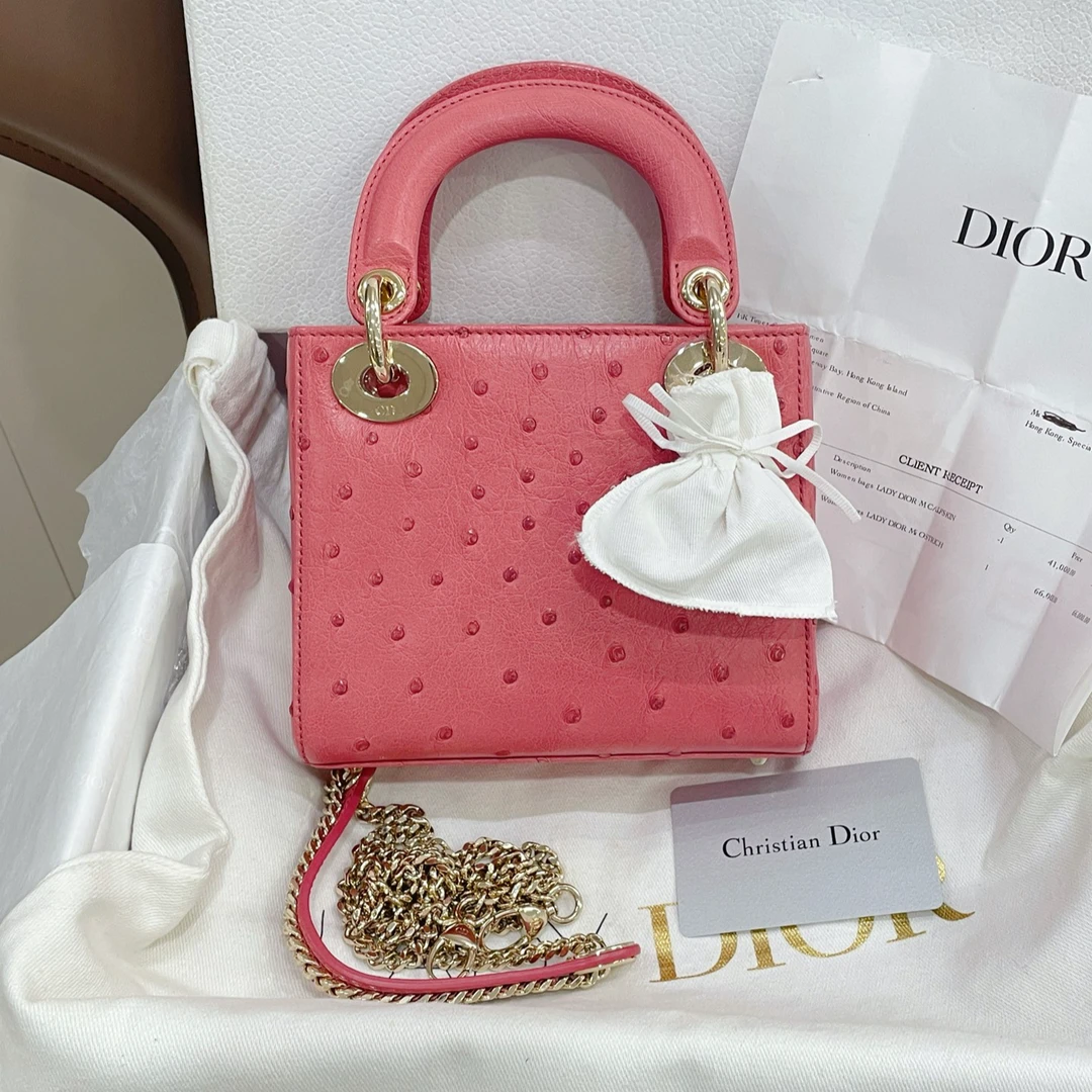 99新 DIOR/迪奥 粉色鸵鸟皮三格戴妃手提包