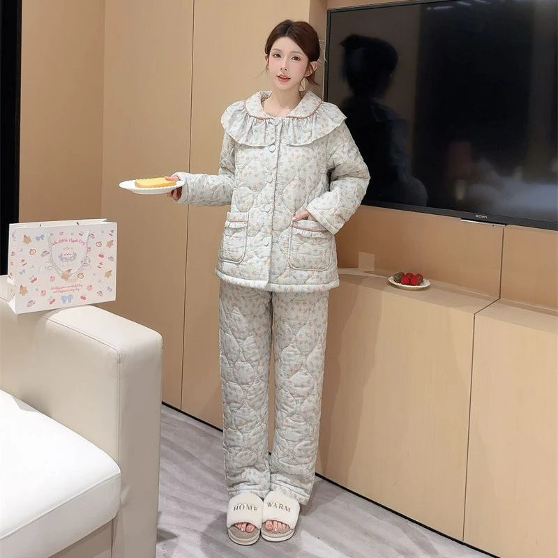 三层夹棉睡衣女士可外穿冬季保暖灰蓝碎花荷叶花边长袖家居服套装