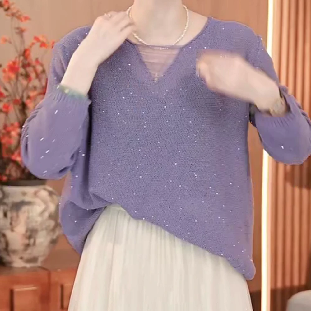 春季2025闪金韩系温柔减龄v领气质时尚百搭显瘦针织衫