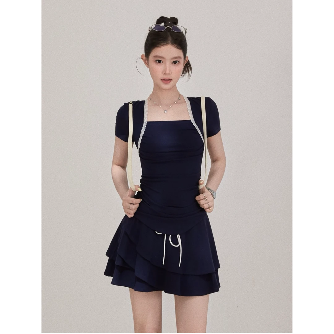 现货【谢不肉】拼接褶皱修身短袖T恤休闲百搭高腰抽绳半裙套装5766