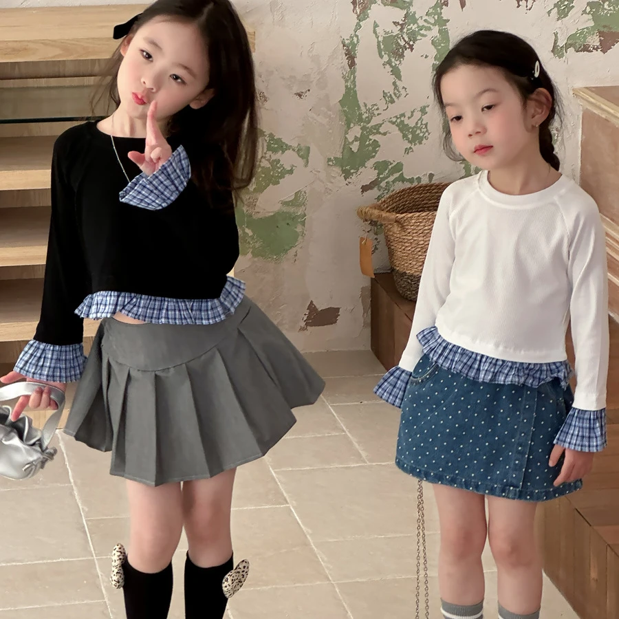 2025女童春季假两件格子花边拼接长袖打底衫喇叭袖设计T恤