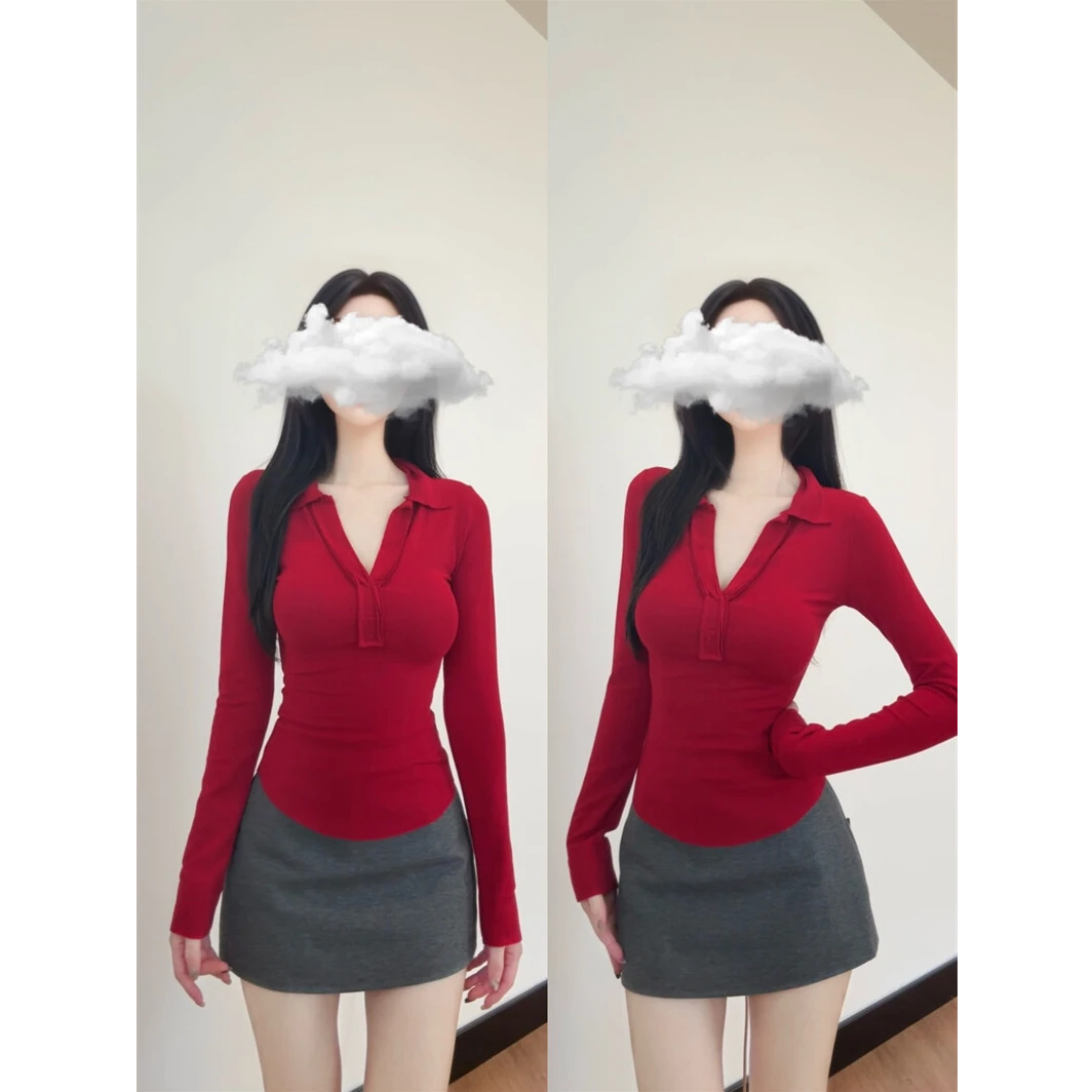 【polo】紧身正肩t恤v领长袖翻领针织上衣女休闲百搭修身显瘦打底衫