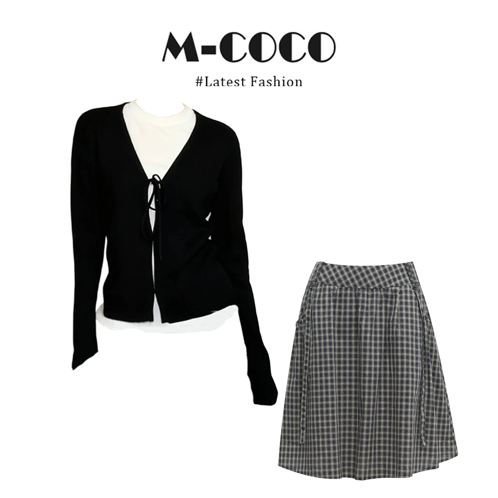 韩系学院风氛围感穿搭针织开衫内搭T恤上衣半身裙套装