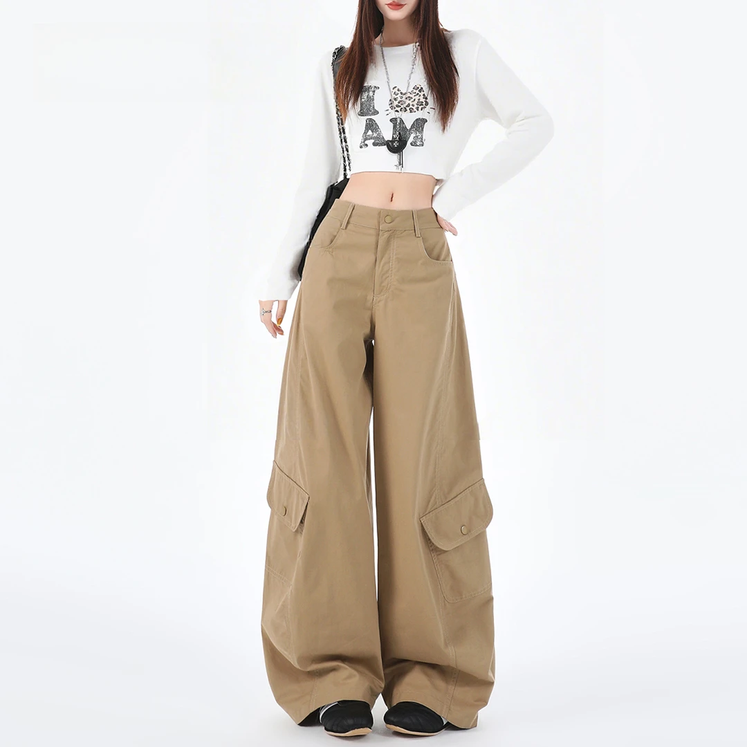卡其色工装阔腿裤女春秋痞帅炸街风女装慵懒风美式高腰宽松弯刀裤
