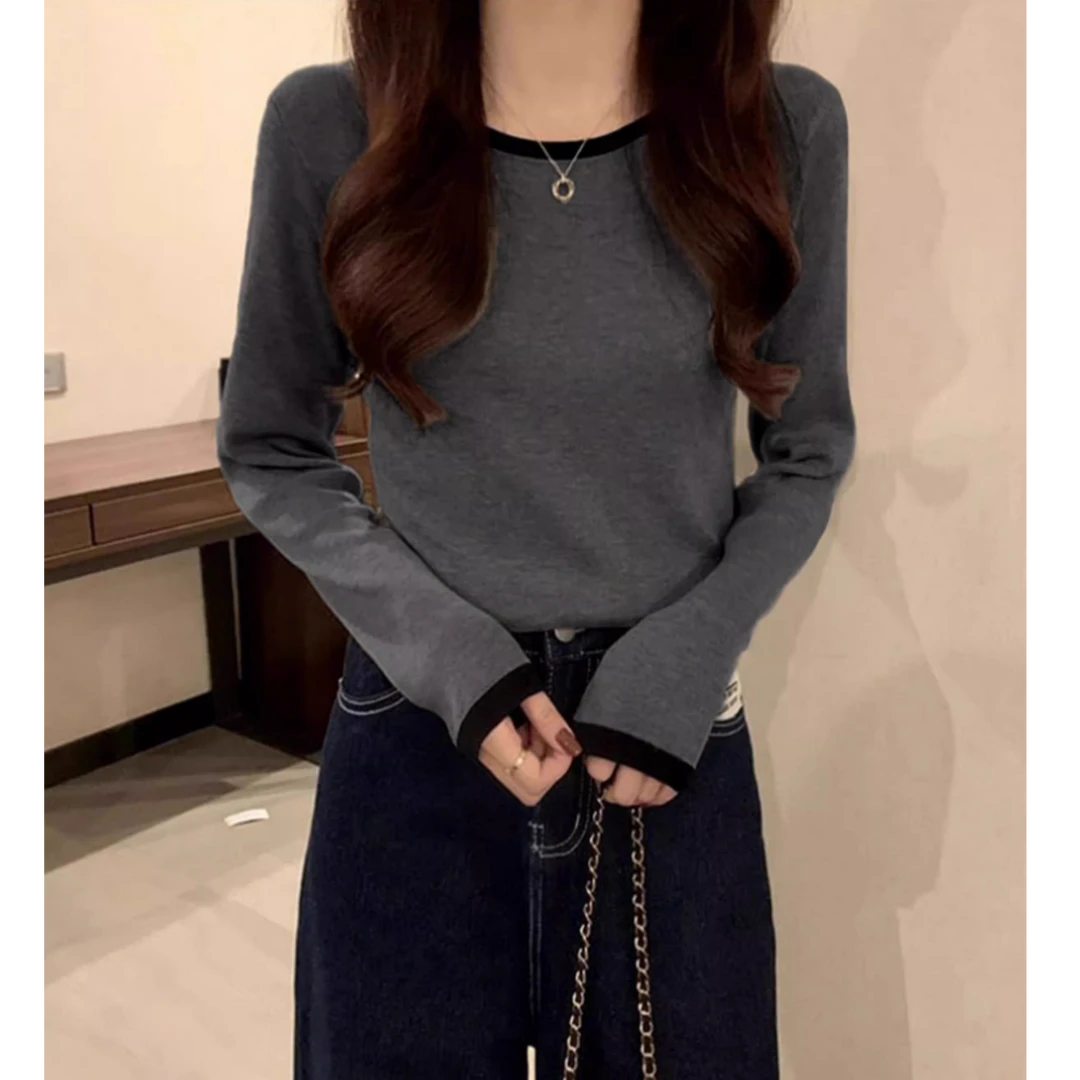深灰正肩长袖T恤女2025新款秋冬洋气拼色圆领内搭打底衫修身上衣