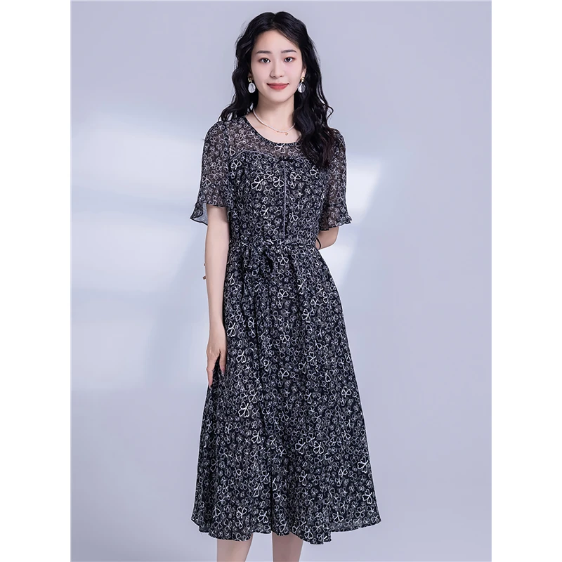 L9126时尚印花连衣裙女新款圆领气质减龄女神范遮肚子显瘦裙子