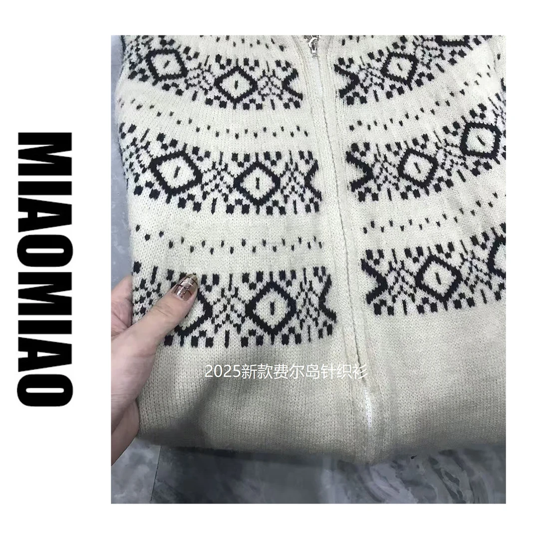 美式复古费尔岛翻领针织开衫毛衣女冬季新款短款外套时尚上衣K819