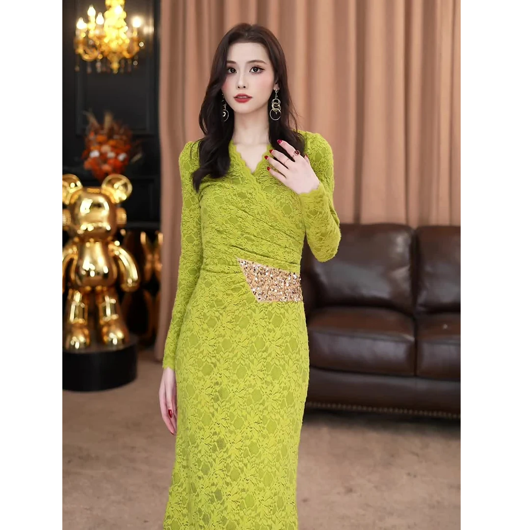 【安安】冬季法式高弹力气质加厚高腰长裙鱼尾裙连衣裙-VG0542