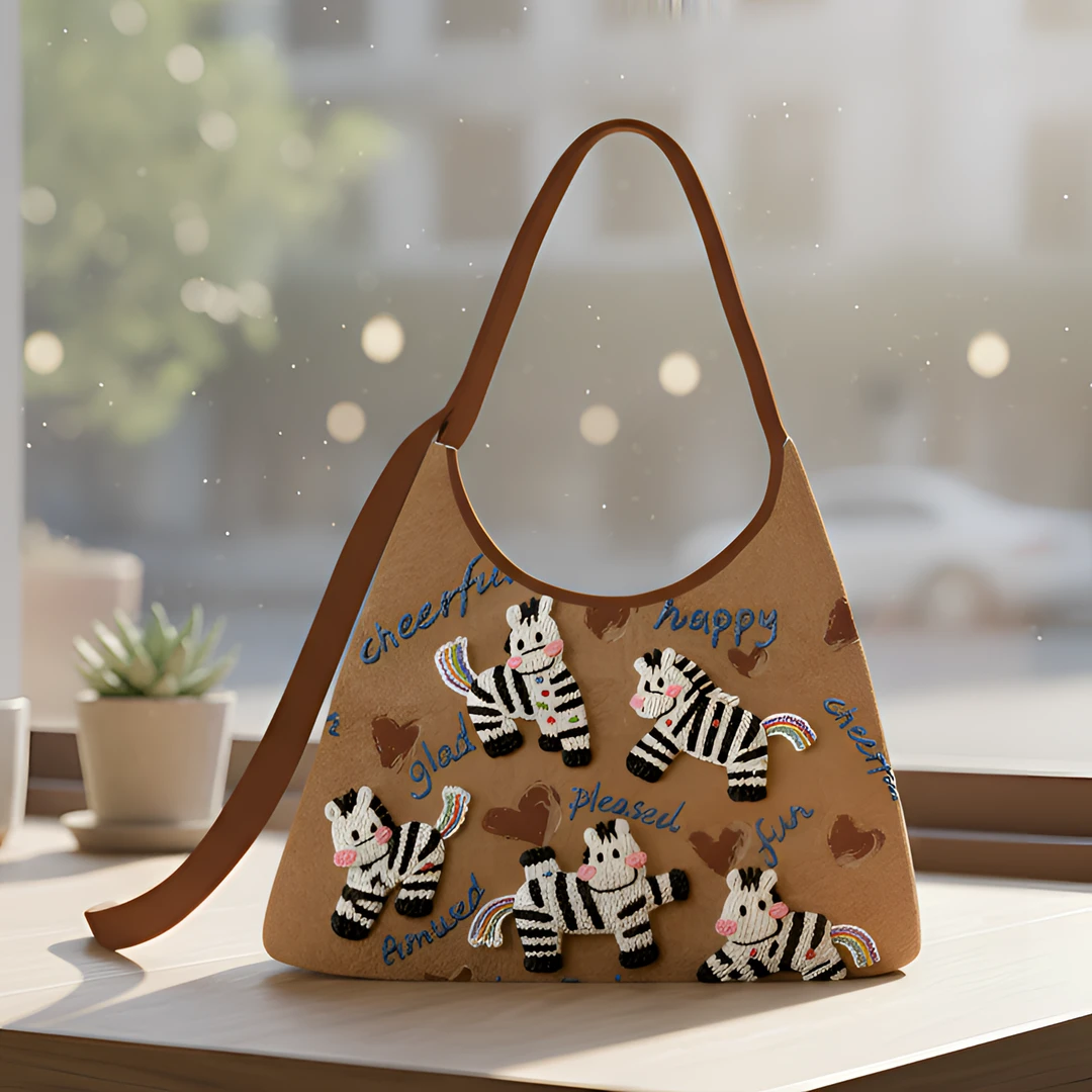 艺术鸭设计师原创刺绣马上开心新月斜挎包百搭单肩大容量通勤女包