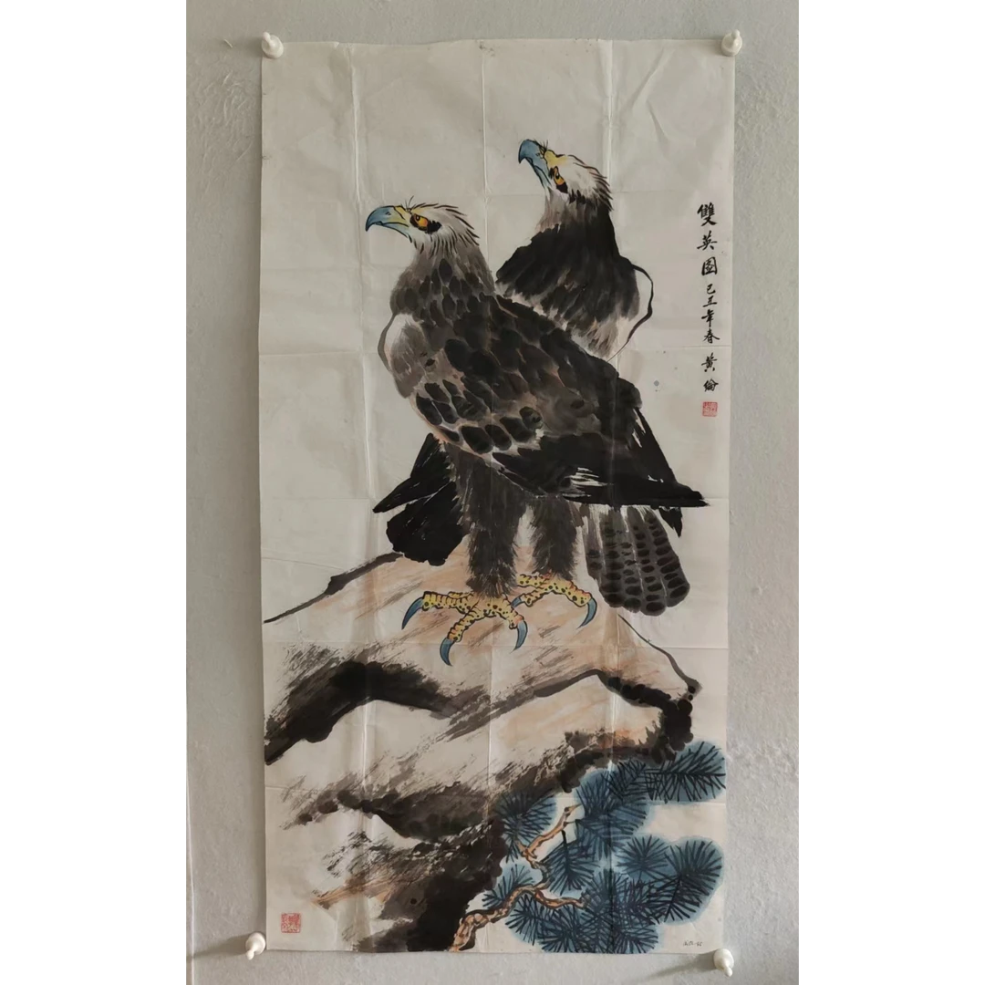 939 纯手绘老字画《双鹰图》中堂   尺寸 137×68