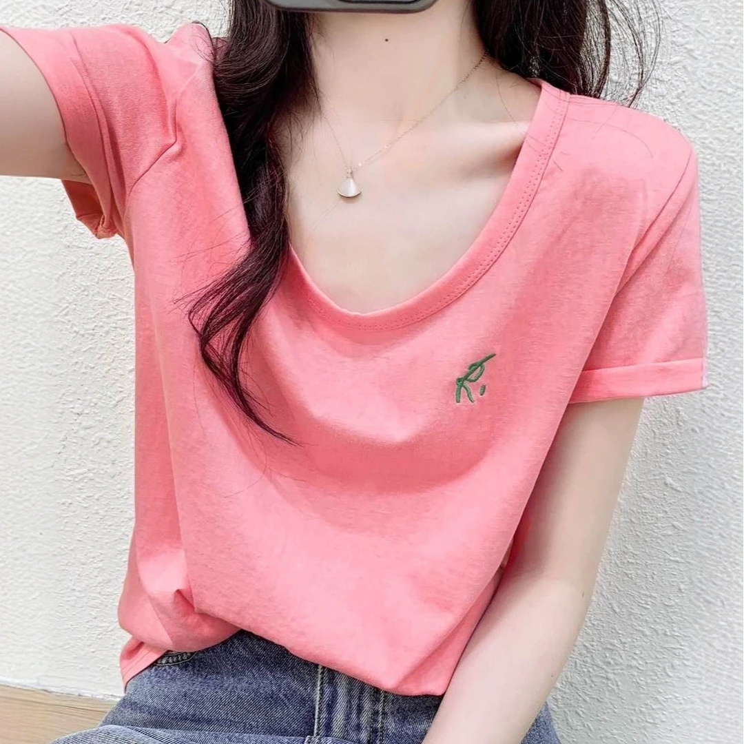 简约雪花棉刺绣字母短袖T恤女2025夏季宽松新款休闲洋气显瘦上衣