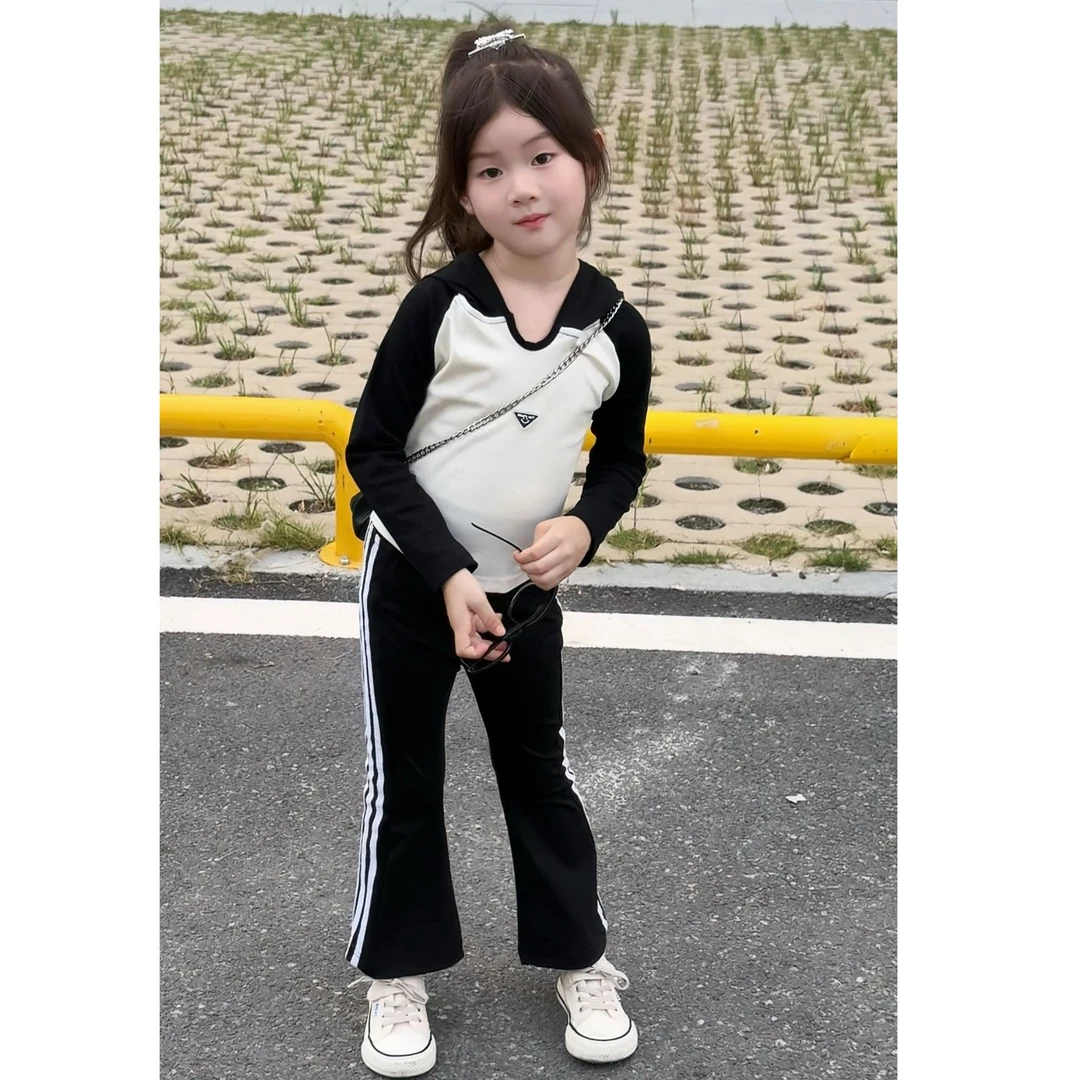 女童春秋季长袖t恤新款洋气连帽打底衫百搭女孩上衣修身针织套装