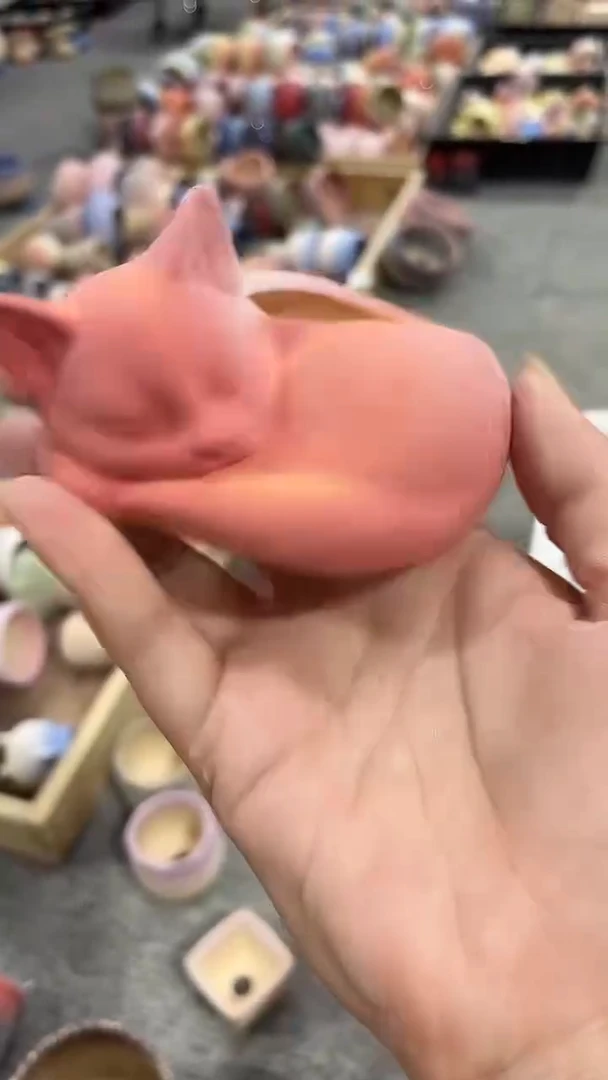 麦饭石粗陶小猫造型多肉花盆微瑕