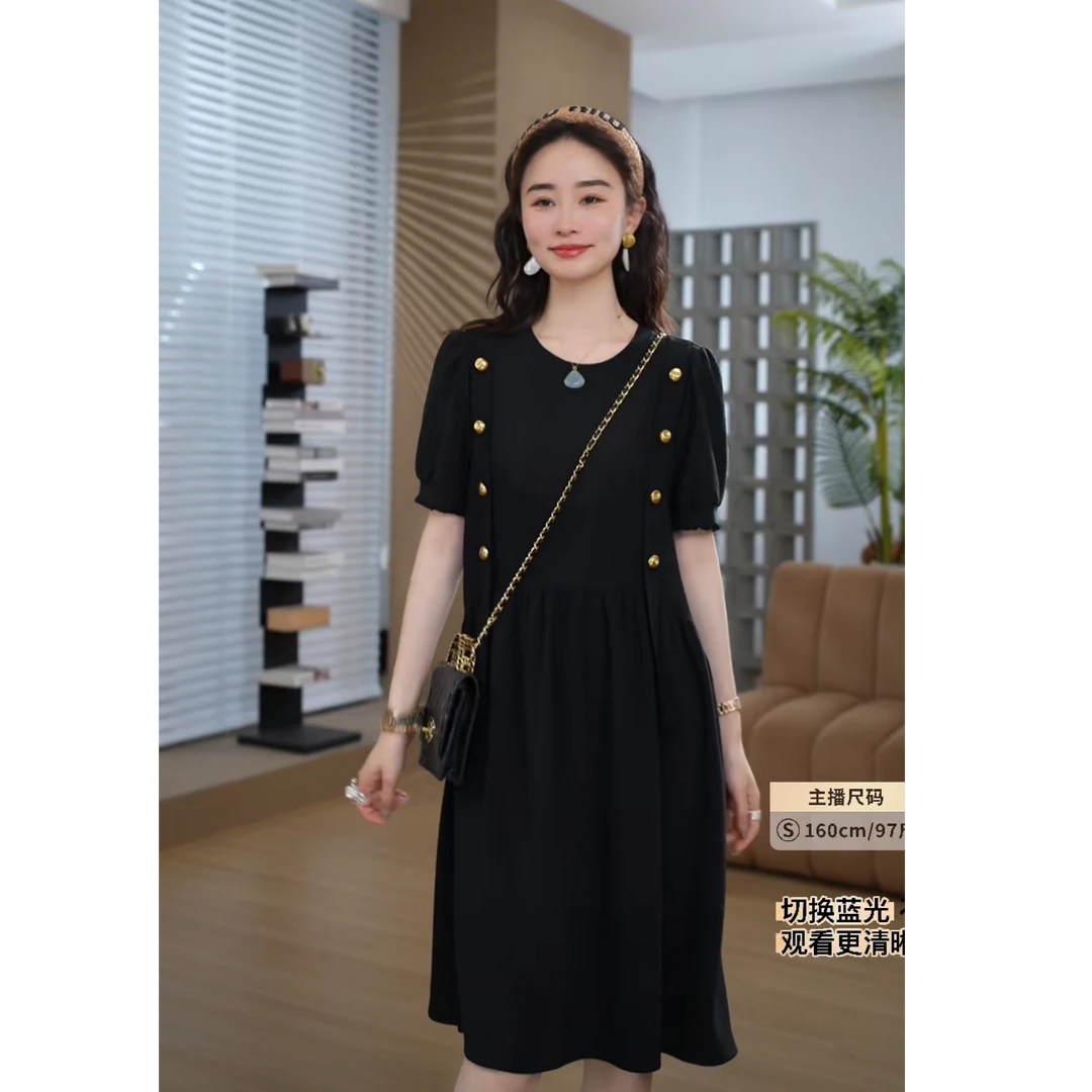 HELAAOMI “经典黑裙”肌理感拼接圆领复古收腰连衣裙CY5BB72639