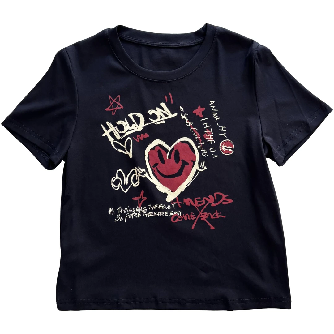 6592【蝶谷】爱心字母涂鸦T恤