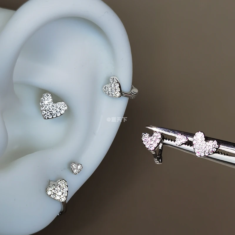 黄铜合成锆石耳饰 绝美爱心耳骨钉女925纯银针睡觉免摘养耳耳钉