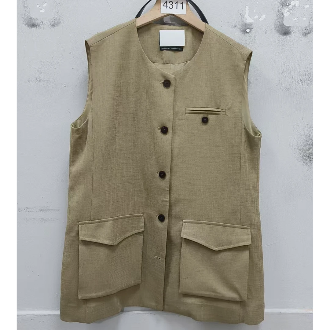 马夹宽松型常规休闲简约风方领女法式卡其色4311