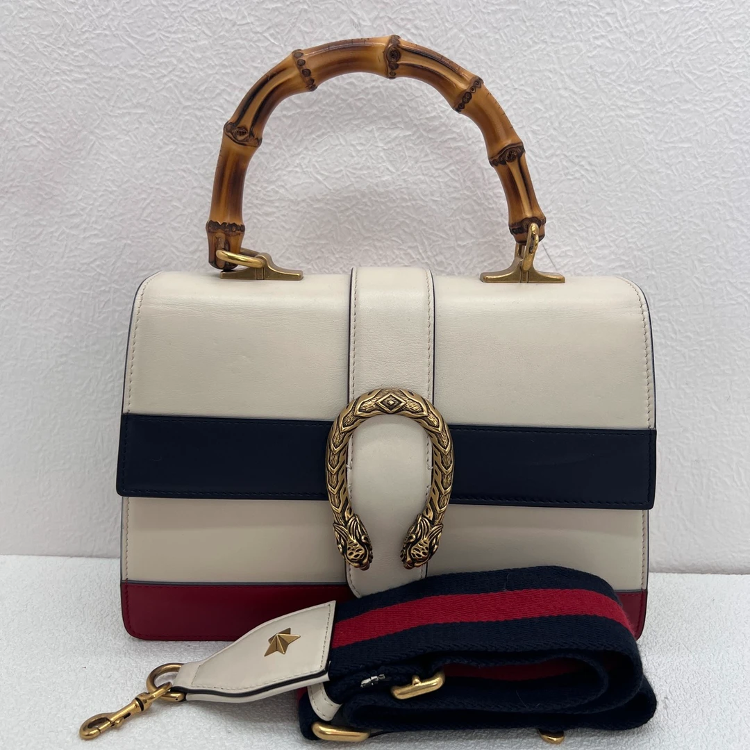 99新 GUCCI/古驰 古驰女士时尚三色牛皮酒神竹节肩带手提包