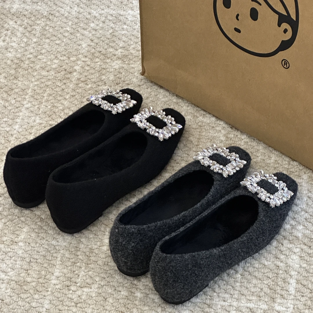 内增高5cm韩系晚晚小众方头单鞋浅口时尚秋冬百搭水钻外穿毛毛鞋