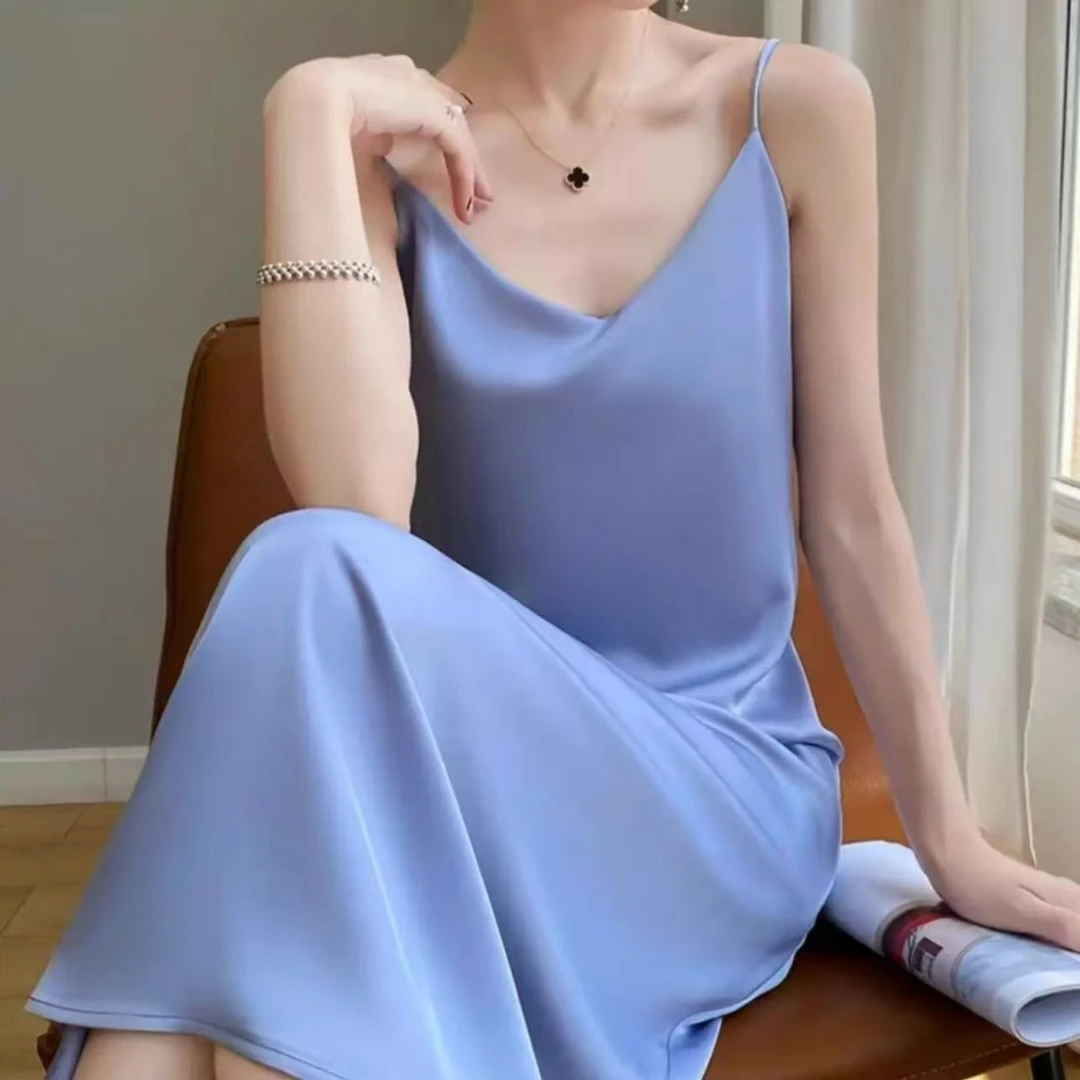 绝美高端缎面纯色修身百搭气质长款吊带外穿薄款夏季无袖长裙性感