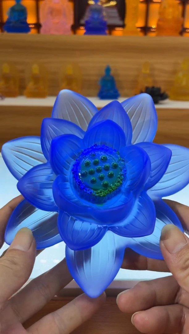 手工艺品琉璃宝蓝色佛前莲花18CM